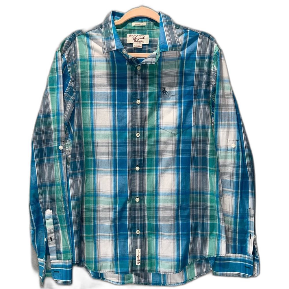 Mens Original Penguin Blue Green Plaid Button Down Shirt Size Large